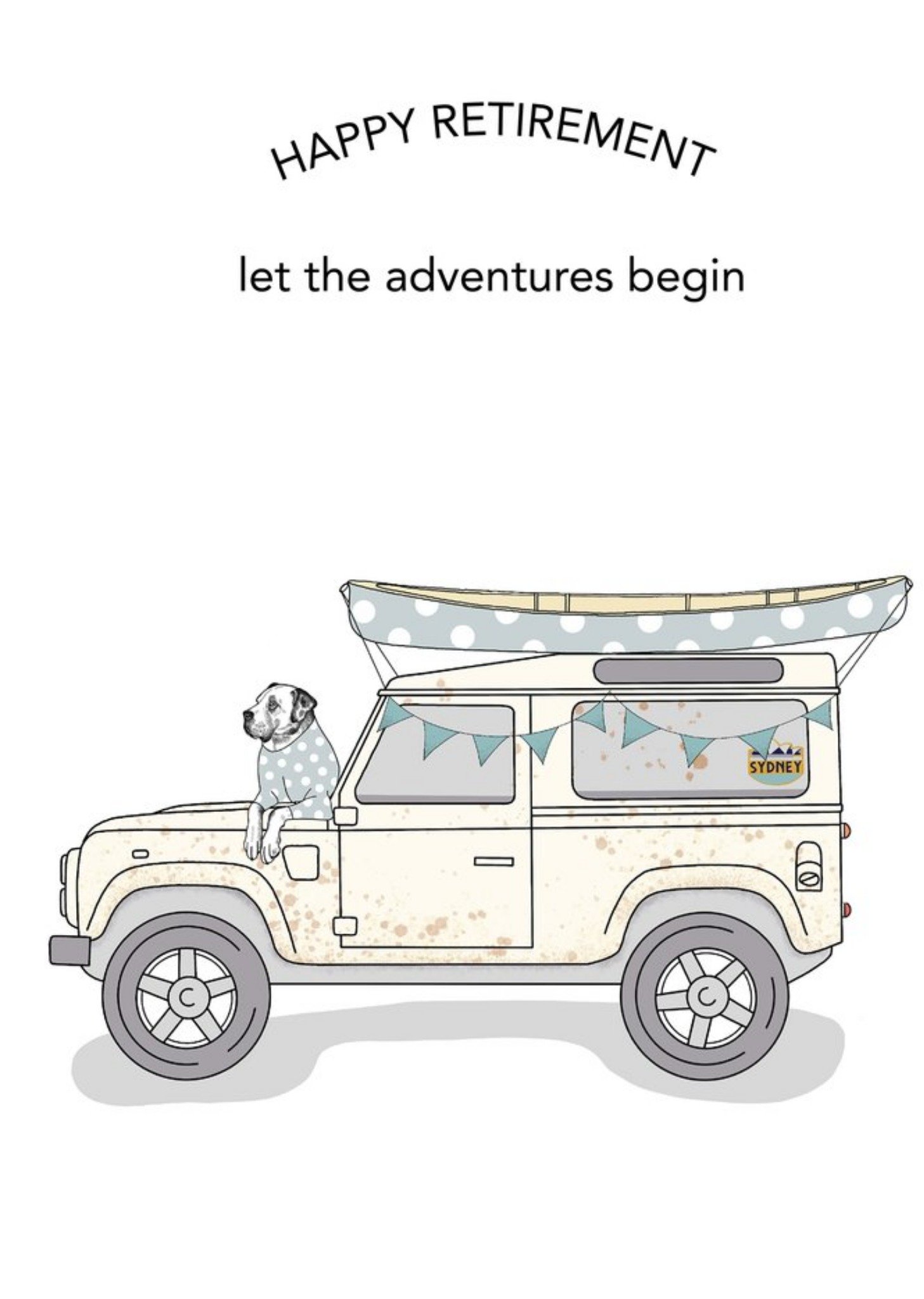 Moonpig Dotty Dog Art Illustrated Dog And Jeep Retirement Card