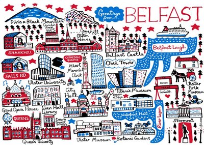 Vibrant Collage Illustration Of Famous Belfast Landmarks Greetings From Belfast Card