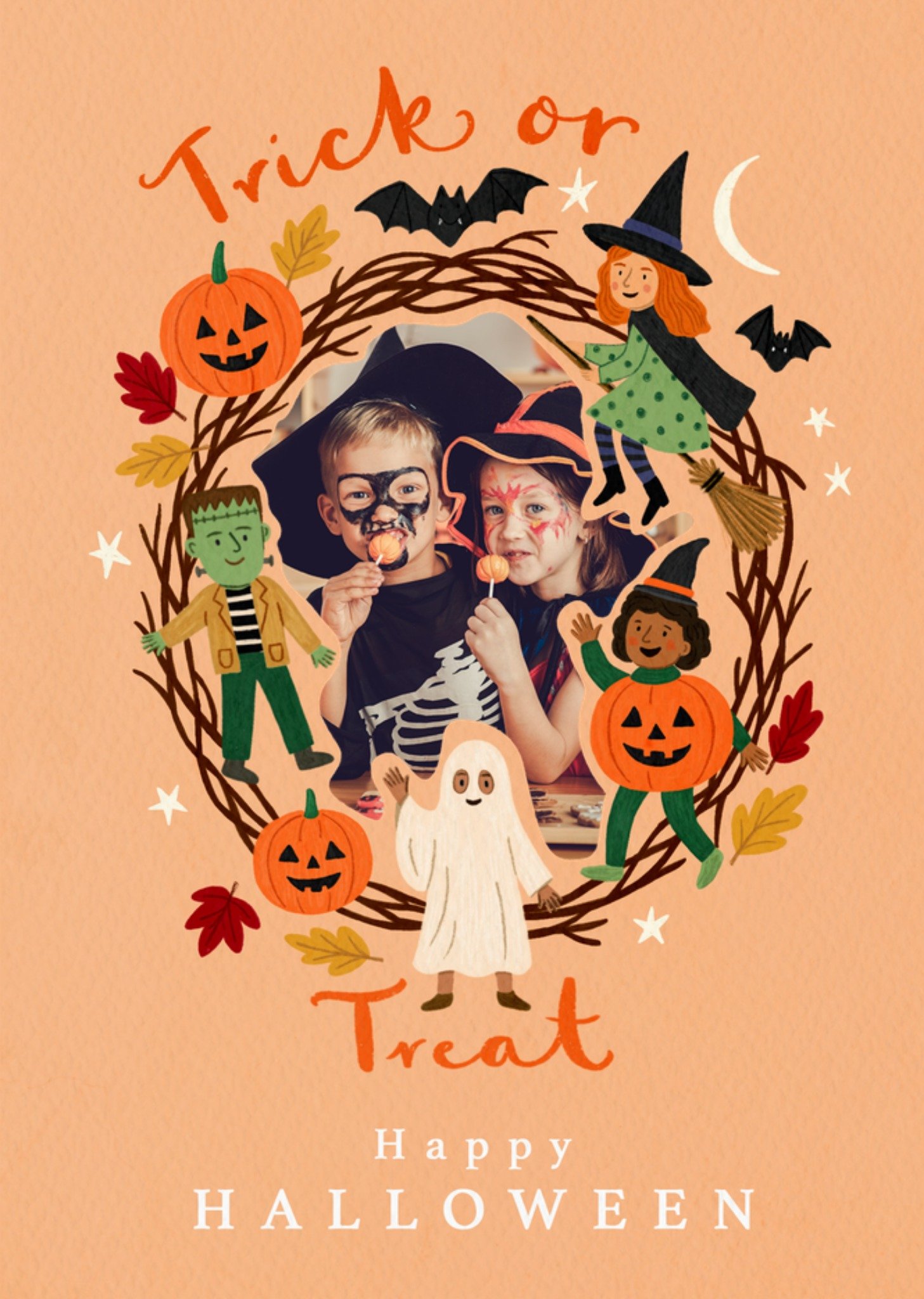 Moonpig Illustrated Spooky Characters Trick Or Treat Photo Upload Halloween Card