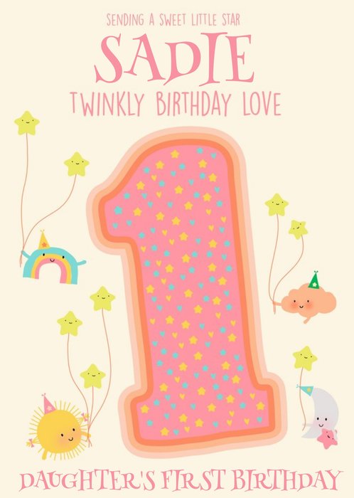 Cute Sun Cloud Rainbow Moon Stars 1st Birthday Card For Daughter