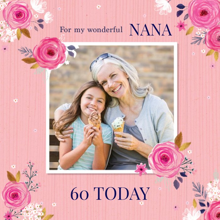 Colette Barker Pink Floral Illustrated Photo Upload Birthday Card