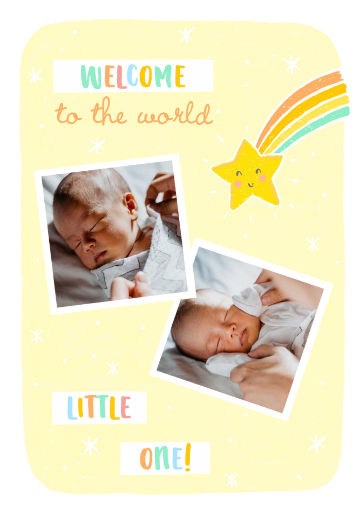 Moonpig Illustration Of A Shooting Star With Colourful Typography New Baby Photo Upload Card
