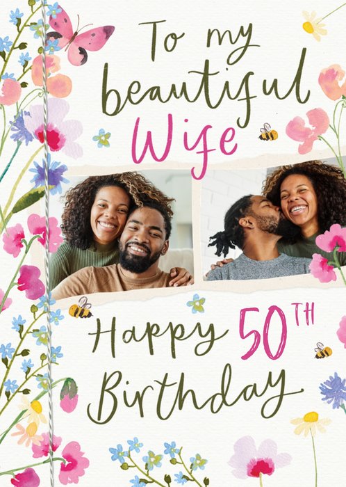 Wife Floral Illustrated Photo Upload 50th Birthday Card