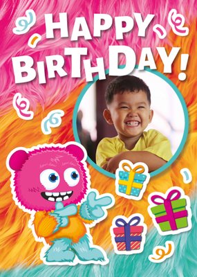 Ray The Entertainer Happy Birthday Illustrated Pink Monster Photo Upload Birthday Card