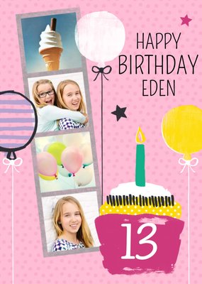 Bright Pink Balloons And Cupcake Happy Birthday Photo Card