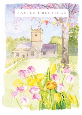 Ling Design Easter Greetings Watercolour Church And Tulips Easter Card