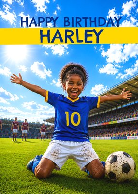 Celebrating Girl Football Player In Blue Shirt Face Swap Birthday Card