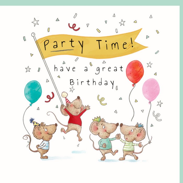 Mo and Mi Mary Cousins Party Time Illustrated Partying Mice And Balloons Birthday Card