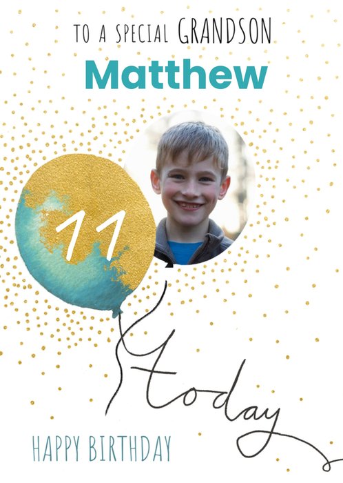 Illustration Of A Blue Balloon Surrounded by Glitter Grandson's Eleventh Birthday Photo Upload Card