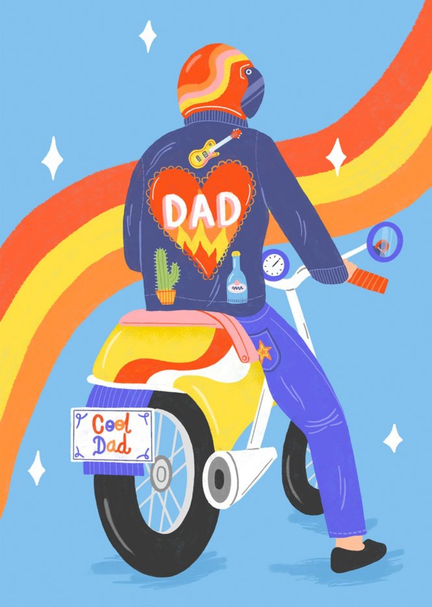 Moonpig Colourful Illustration Of A Biker In Denim On A Motorcycle Father's Day Card
