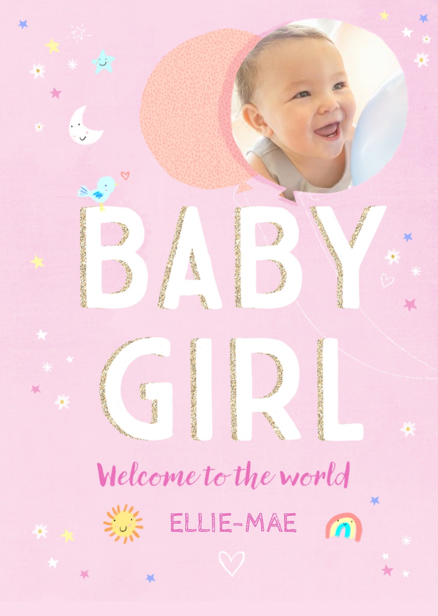 Moonpig Typographic Illustrated Welcome To The World New Baby Girl Photo Upload Card