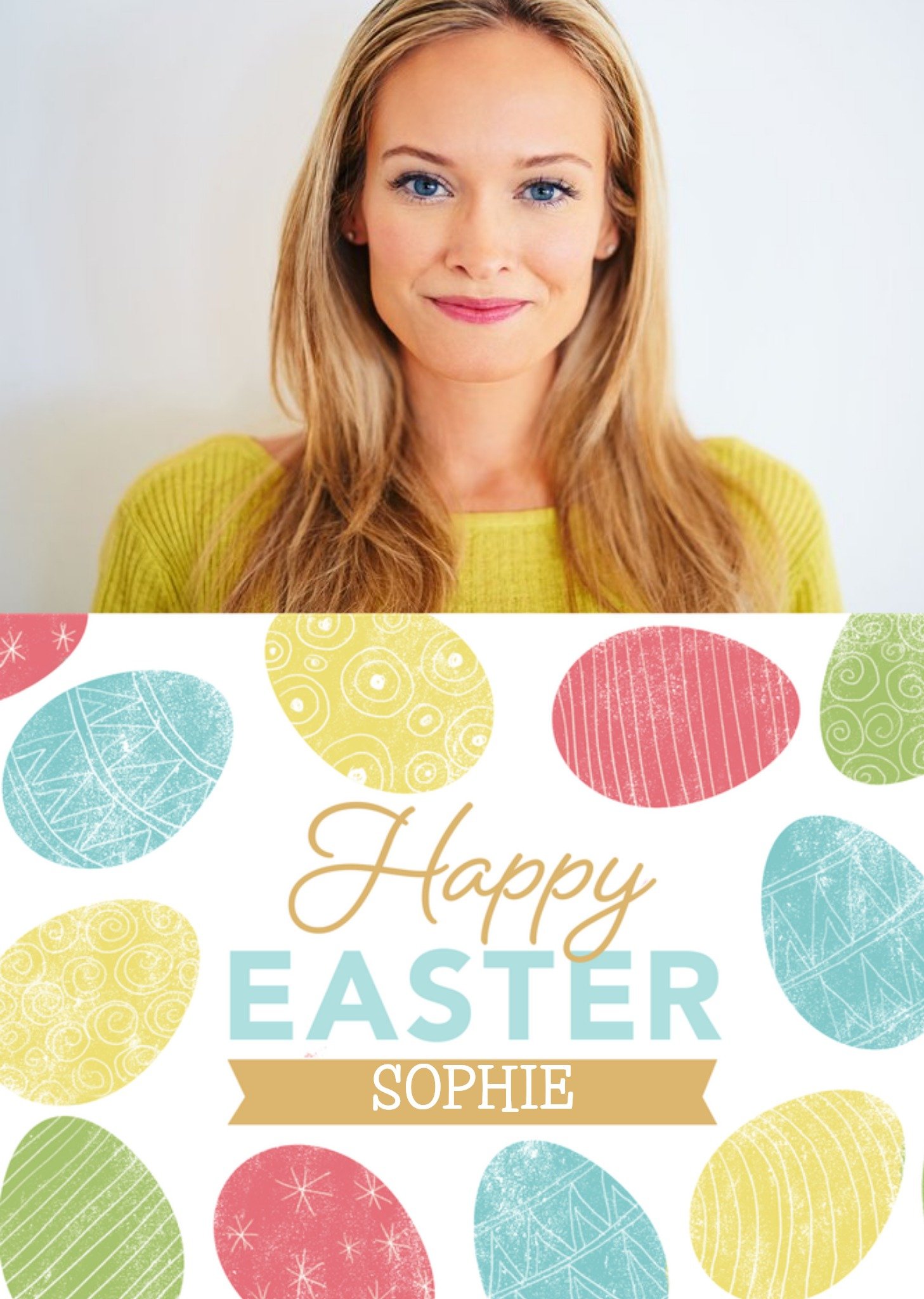 Moonpig Illustrated Multicoloured Easter Eggs Happy Easter Editabnle Receipient Photo Upload Card