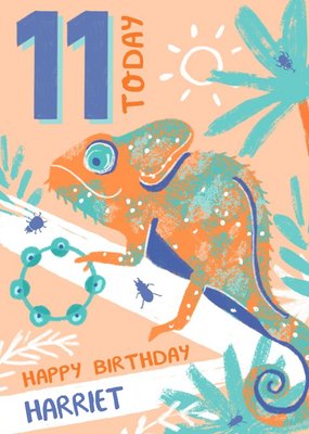 Colourful Illustrated Tropical Chameleon 11th Birthday Card