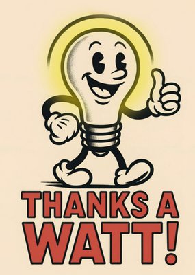 Thanks A Watt Pun Illustrated Light Bulb Card