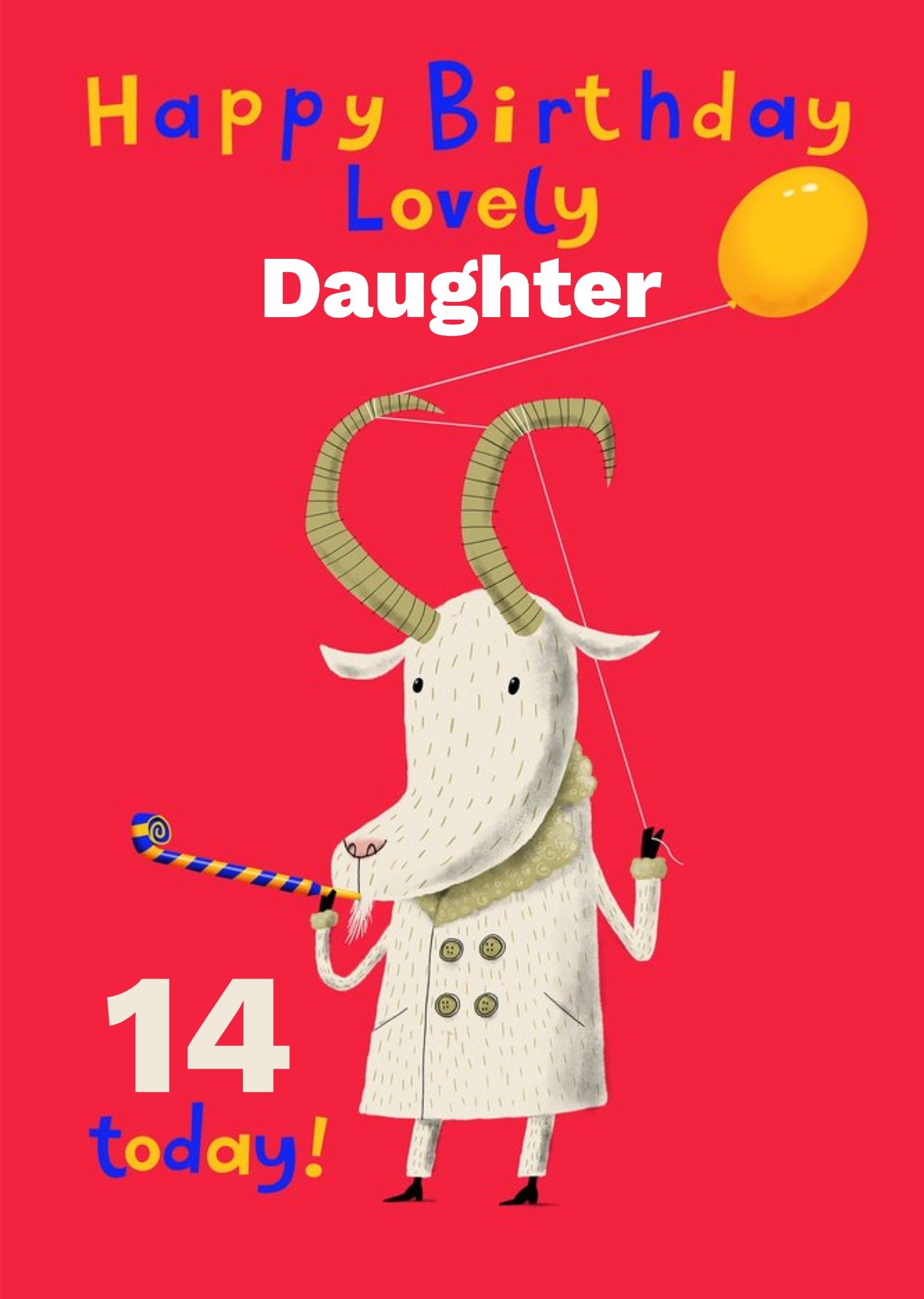 Moonpig Goat Celebrating With A Balloon And Party Blower Personalise Age Daughter Birthday Card