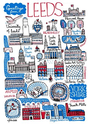 Illustrated Scenic Map Greetings From Leeds Card