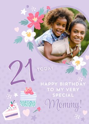 Purple Floral Photo Upload Birthday Card