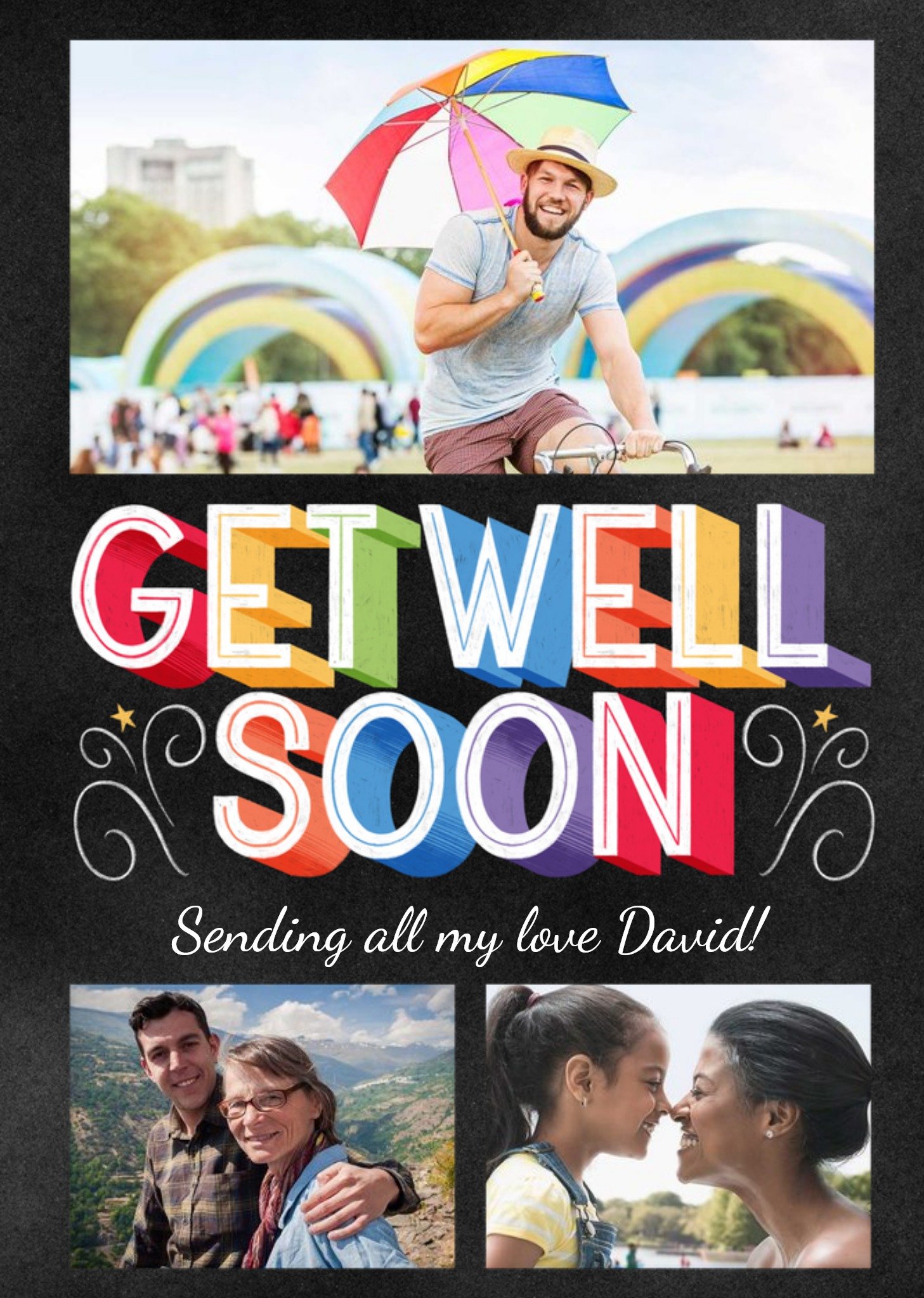 Moonpig Colourful 3D Text With Three Photo Frames Get Well Soon Photo Upload Card