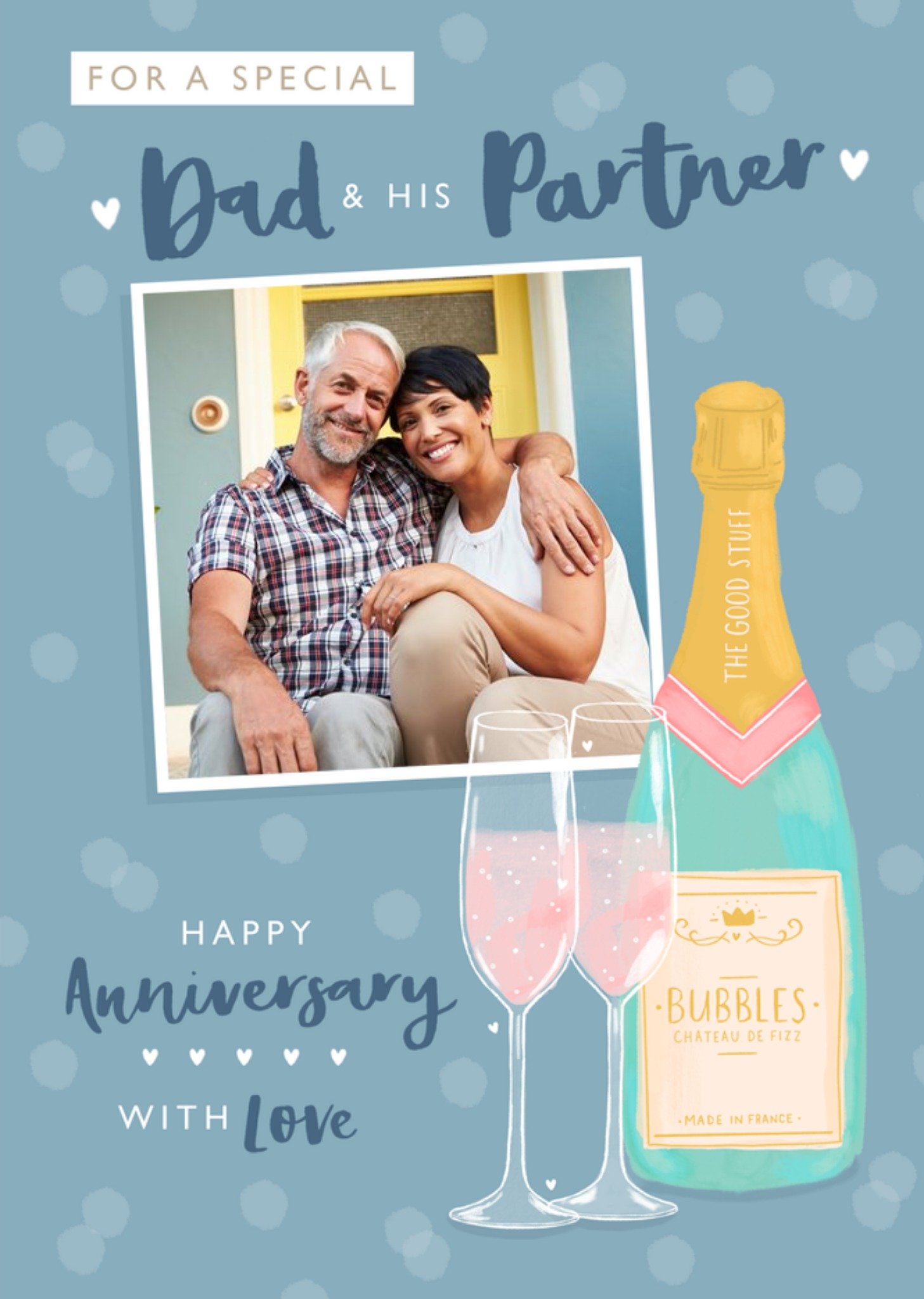 Moonpig Dad And His Partner Champagne Bottle Illustration Photo Upload Anniversary Card