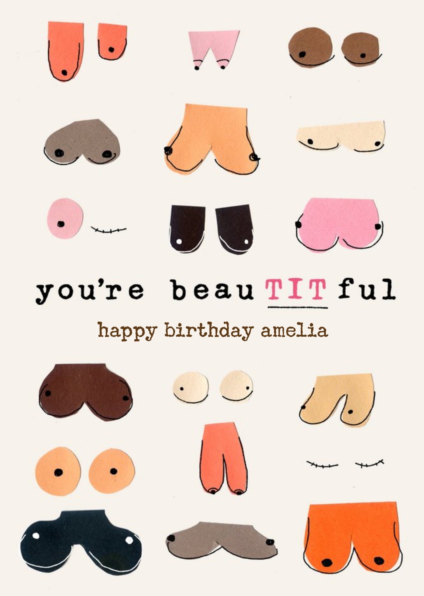 Moonpig Illustrated Boobs Tits You're Beautitful Happy Birthday Card