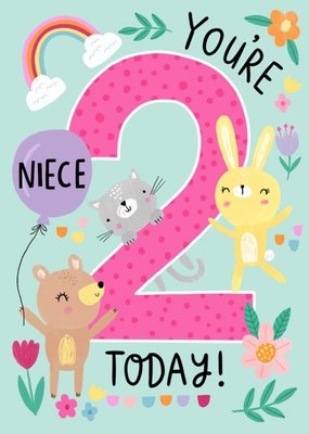 Niece You're 2 Today Cute Quirky Ilustrated Animals Birthday Card
