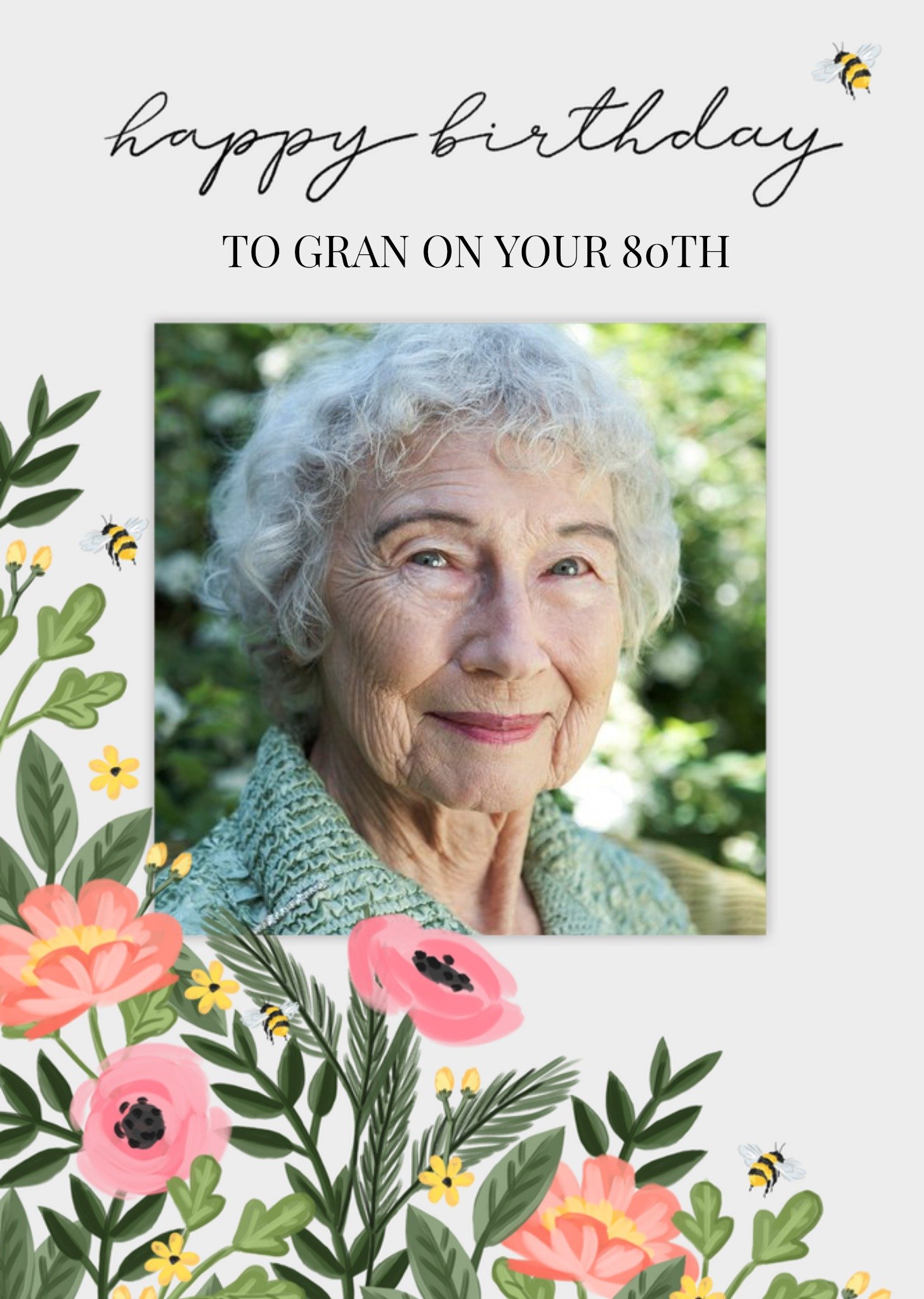 Okey Dokey Design Okey Dokey Illustrated Floral Bumble Bee Gran 80th Birthday Photo Upload Card