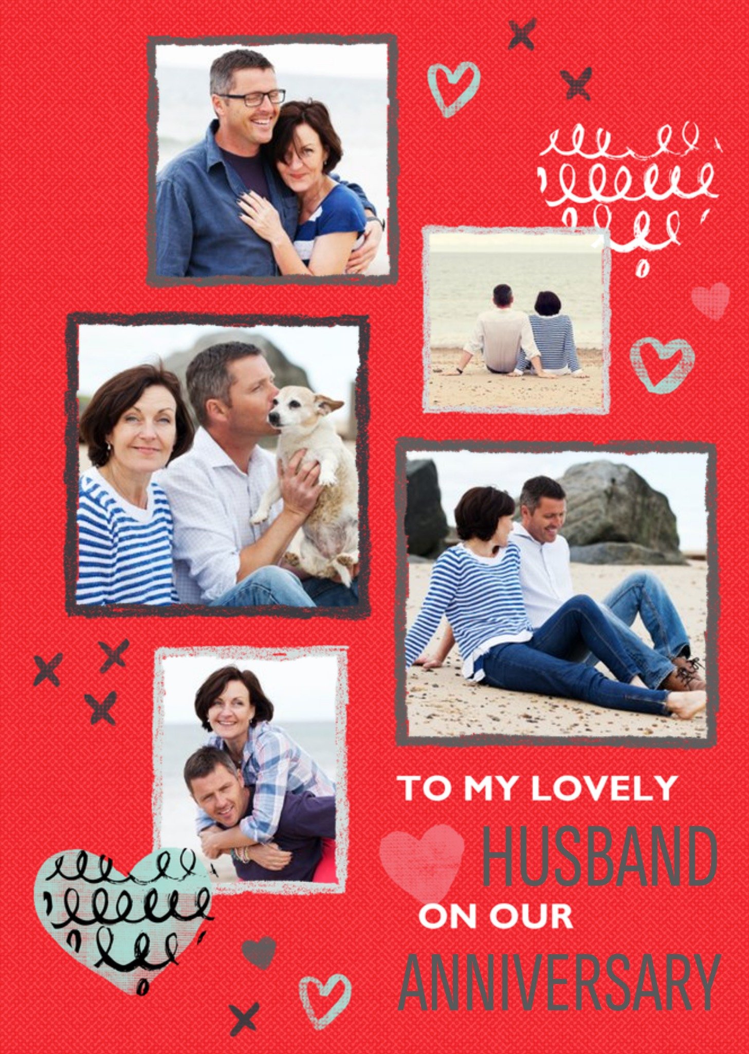 Moonpig Red And Grey Squiggles Personalised Photo Upload Happy Anniversary Card For Husband