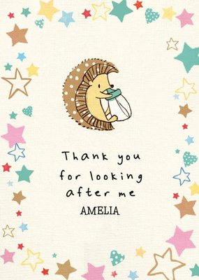 Cute Illustration Of A Hedgehog With A Baby Bottle Surrounded By Colourful Stars Thank You Card