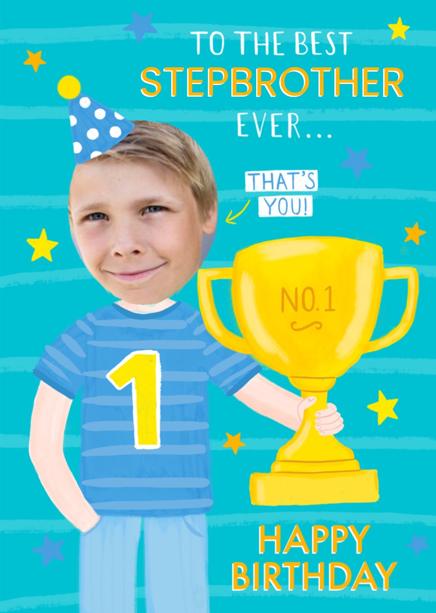 Moonpig Illustrated Photo Upload Character Holding Number 1 Trophy Stepbrother Birthday Card