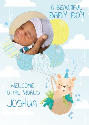 Cute Illustration Of A Bear Asleep In A Basket Attached To Balloons Baby Boy Photo Upload Card