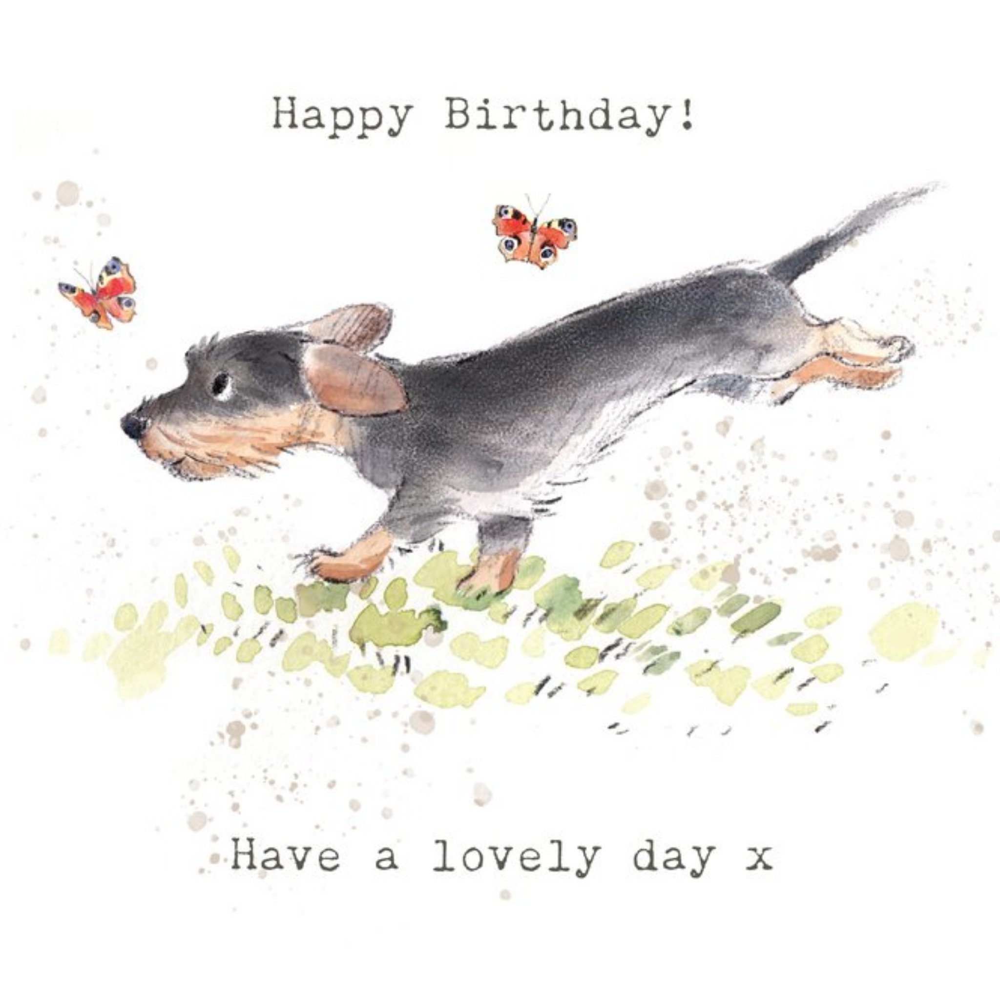 Moonpig Illustration Of A Cute Dog Chasing Butterflies Birthday Card