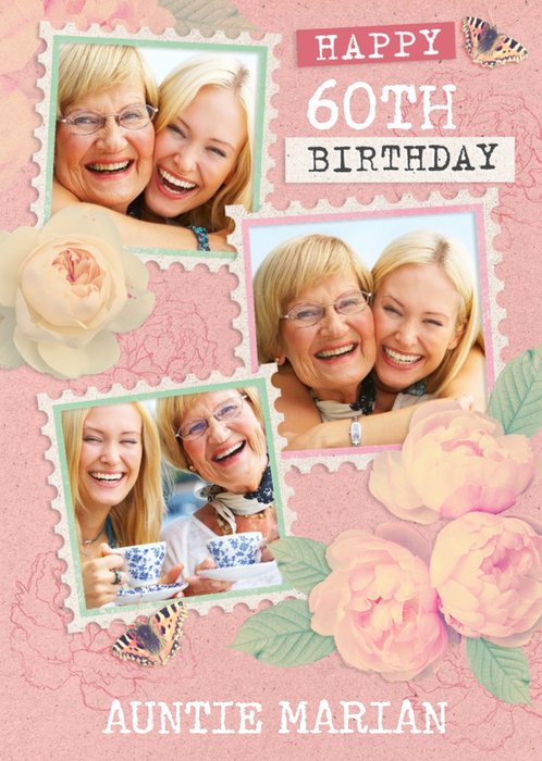 Floral 60th Birthday Photo Upload Card For Auntie