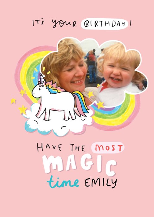 Unicorn Magic Photo Upload Birthday Card