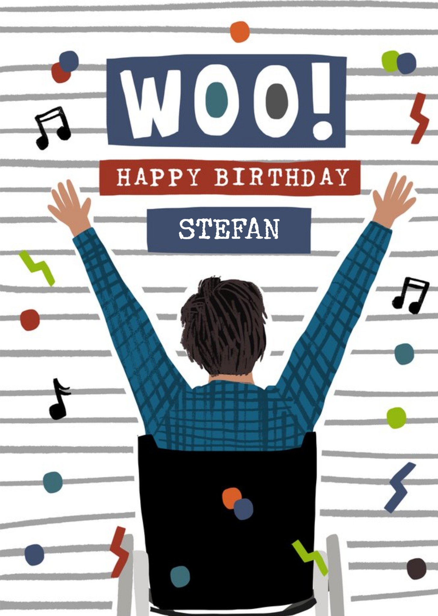Moonpig Illustration Of Aman Cheering In A Wheelchair With His Hands In The Air Happy Birthday Card