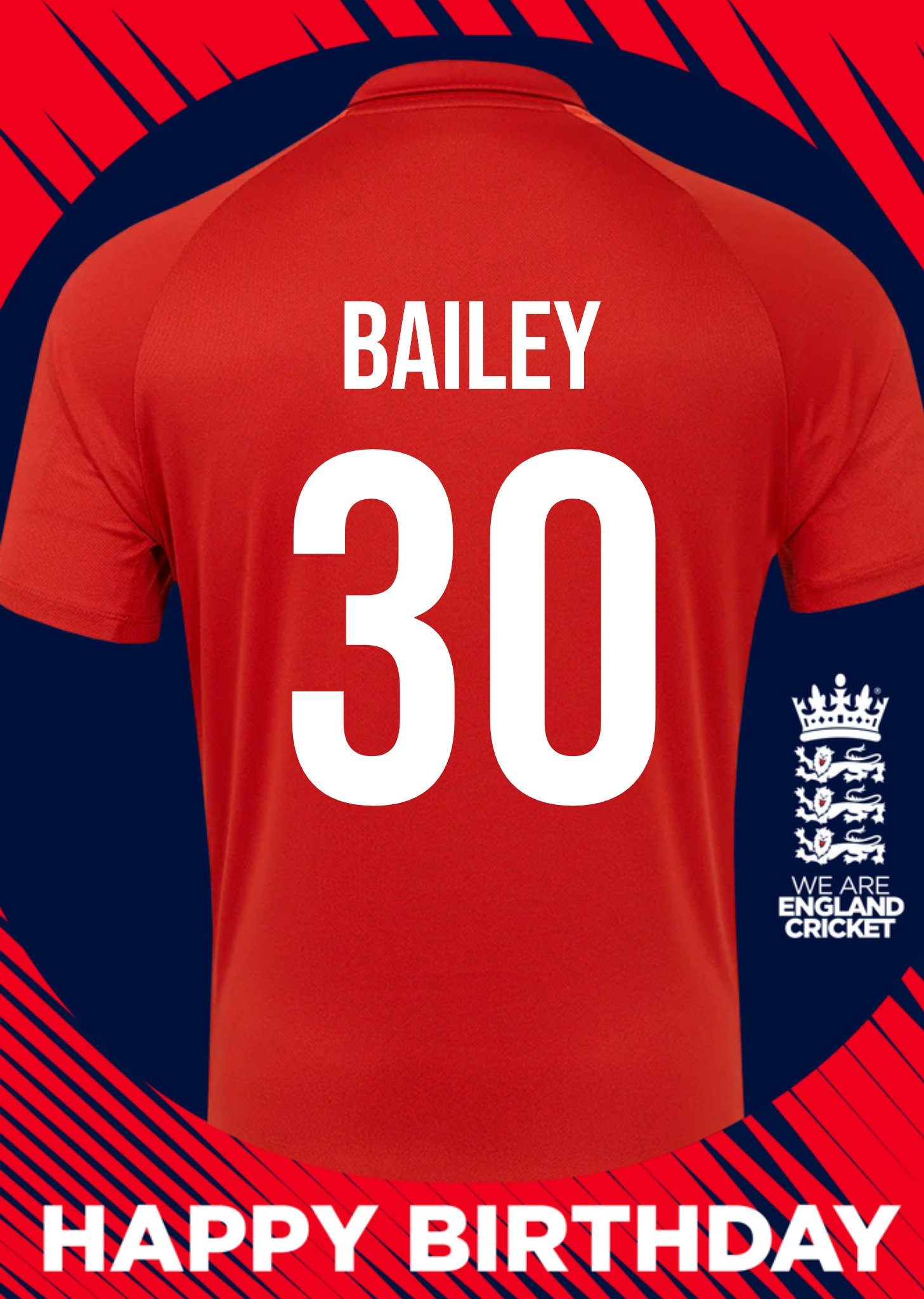 Moonpig England Cricket 30th Birthday Fan Shirt Card