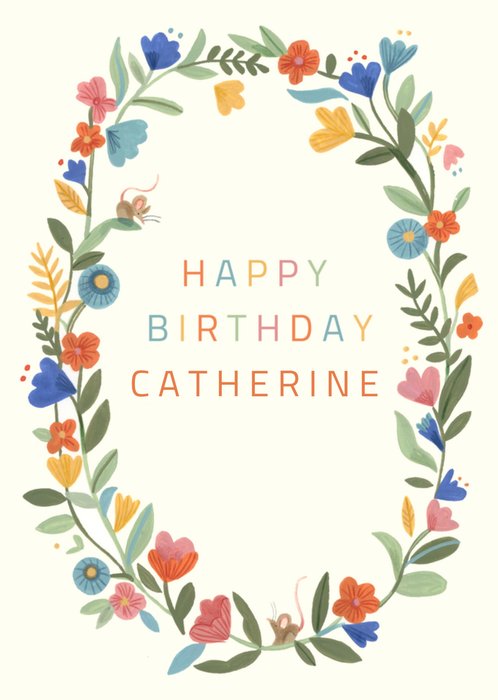 Pretty Illustrated Wreath of Flowers Happy Birthday Card