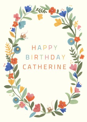 Pretty Illustrated Wreath of Flowers Happy Birthday Card