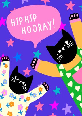 Colourful Illustrated Black Cats Hip Hip Hooray Congratulations Card