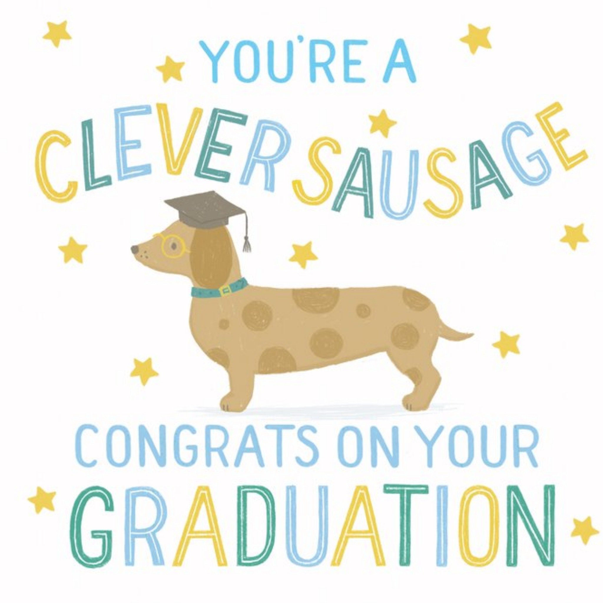 Moonpig Claire Nicholson Illustrated Sausage Dog With Gold Stars Graduation Card