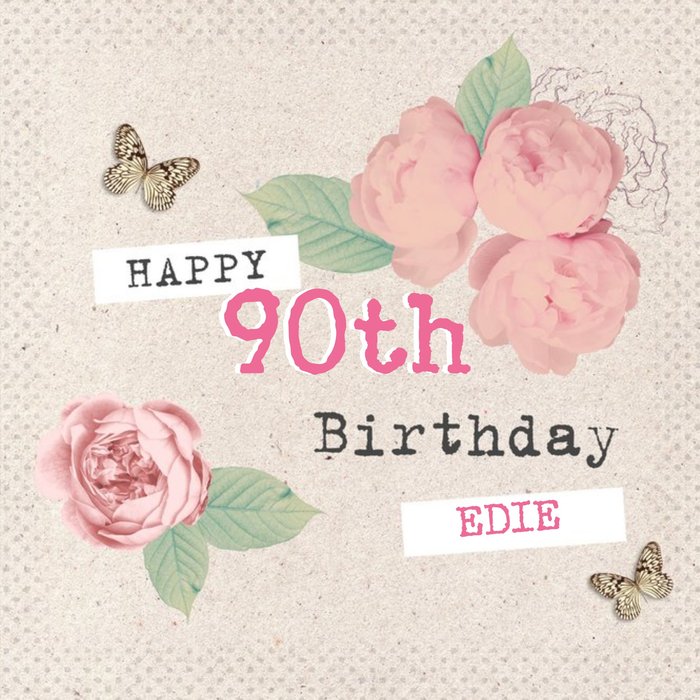 Vintage Roses And Fluttering Butterflies Happy 90th Birthday Card