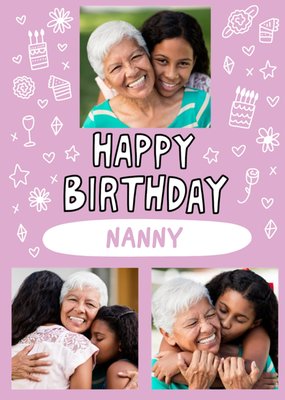 Pink Background And Decorative Icons With Three Photos Upload Birthday Card