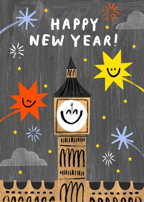 Happy New Year Illustrated Fireworks Card