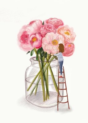 Illustration Of A Woman With An Oversized Vase Of Flowers Birthday Card