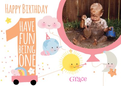 Having Fun Being One Personalised Photo Upload Happy 1st Birthday Card