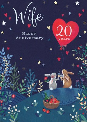 Cute Illustrated Rabbit Woodlands Customisable 20th Anniversary Card