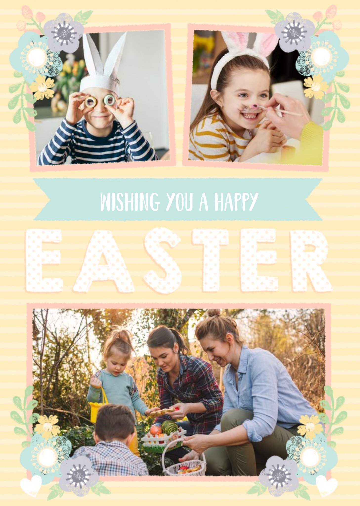Moonpig Stripes And Flowers Happy Easter Card - Photo Upload
