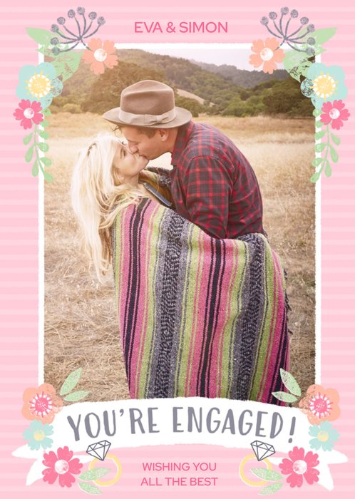 Folk Flowers Youre Engaged Photo Upload Card