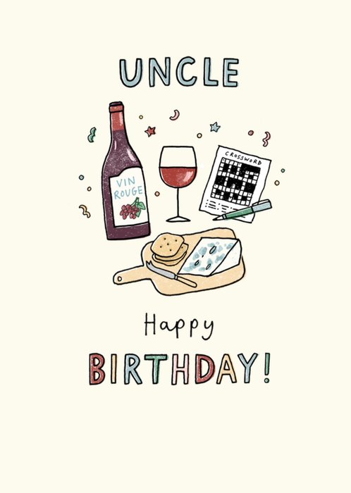 Uncle Happy Birthday Illustrated Wine And Cheeseboard Birthday Card