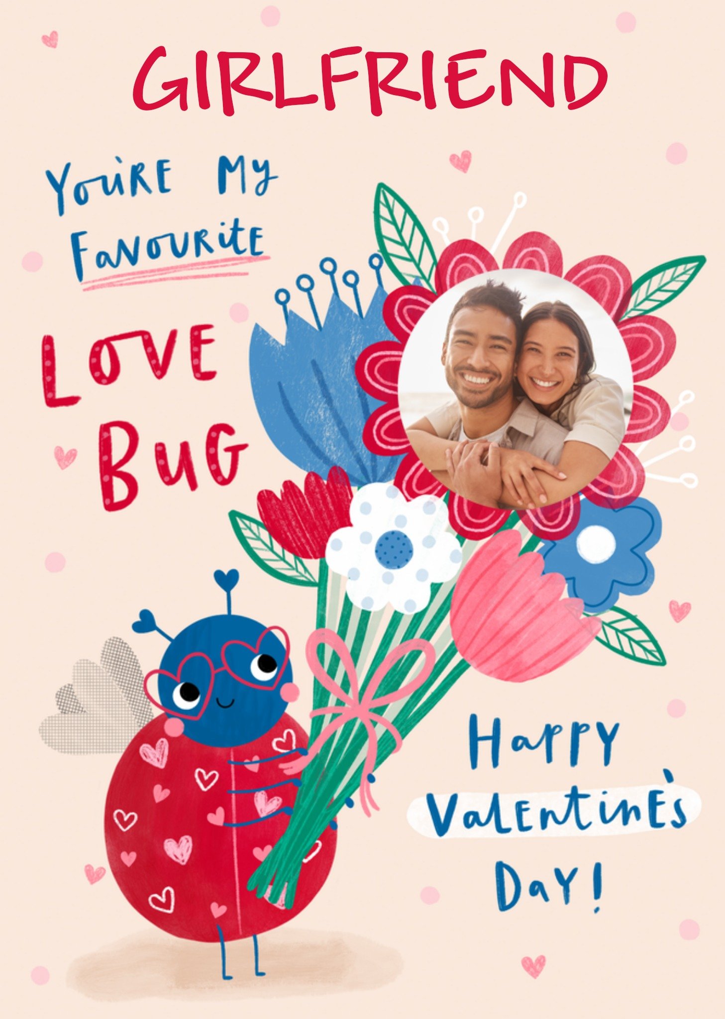 Moonpig You're My Favourite Love Bug Illustrated Ladybird With A Bouquet Of Flowers Happy Valentine'