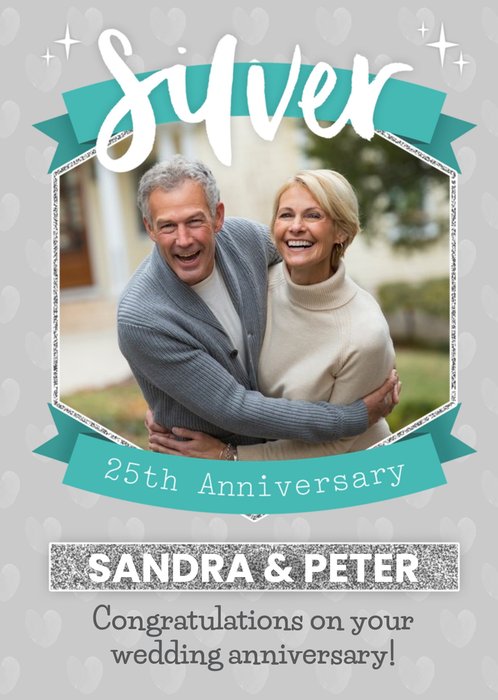 Photo Upload Champagne Glass Editable 25th Anniversary Card